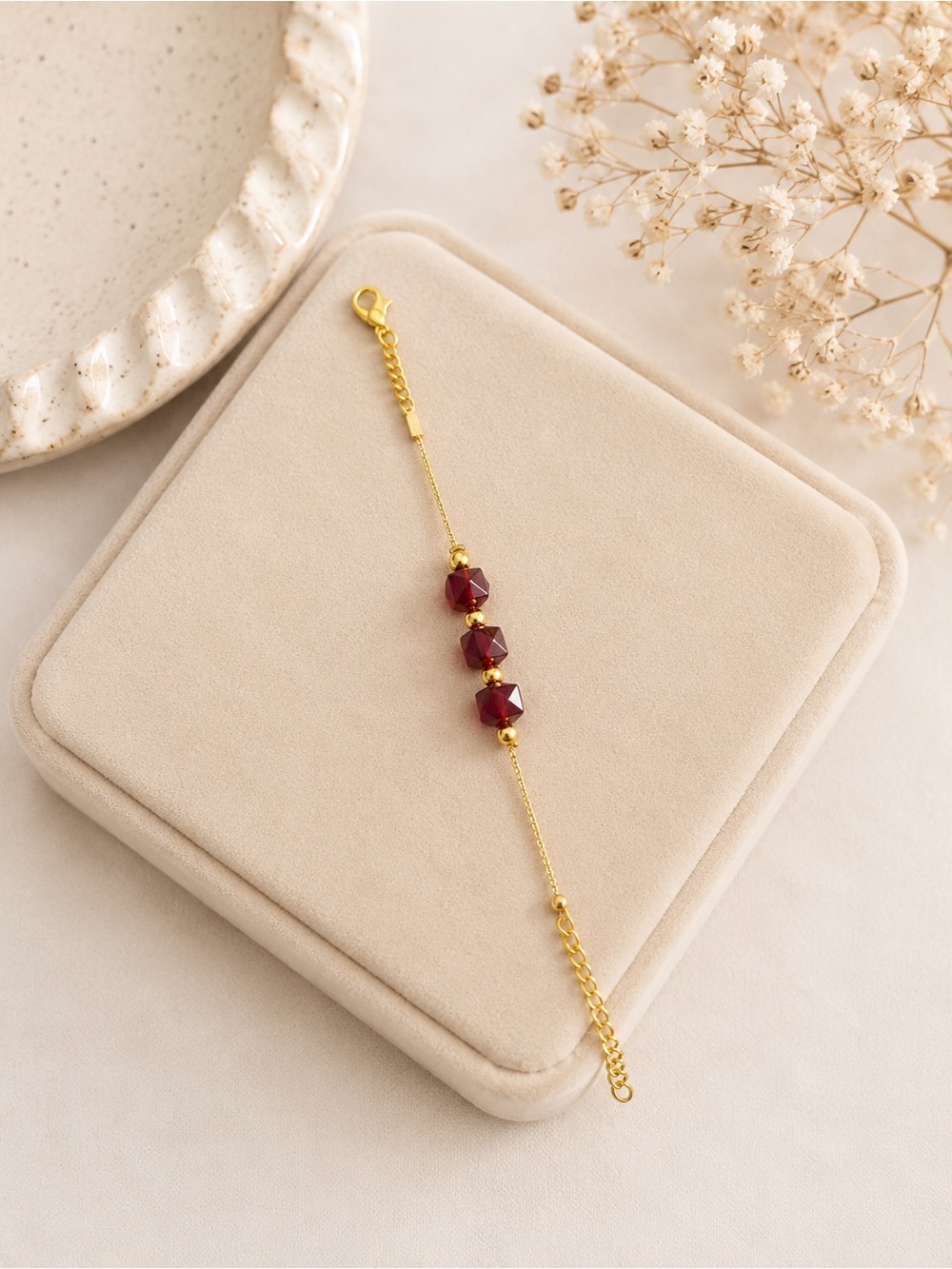 Gold Chain Bracelet with Deep Red Faceted Beads - Picture 1 of 4